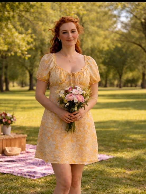 bp Dresses & Skirts - BP Yellow Floral Puff-Sleeve Women’s Top - Jrs Large, Fits Wom Med